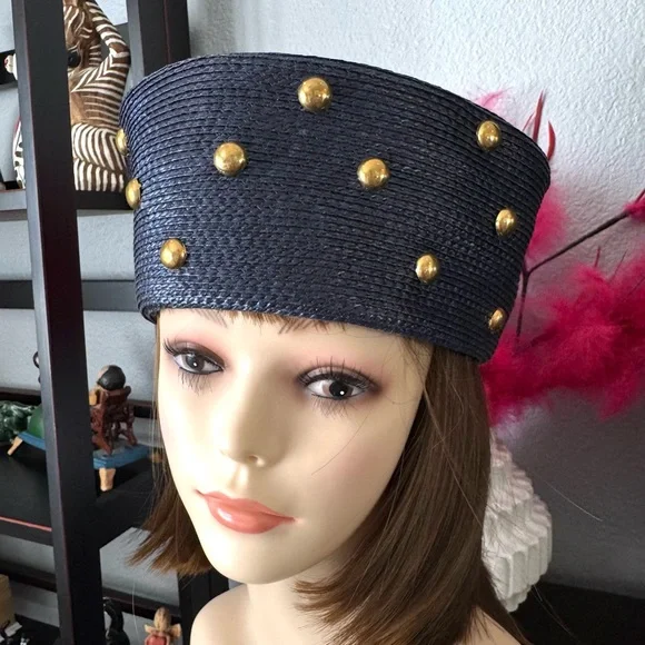Vintage Navy Blue and Gold Studded Women's Hat - Picture 8 of 9